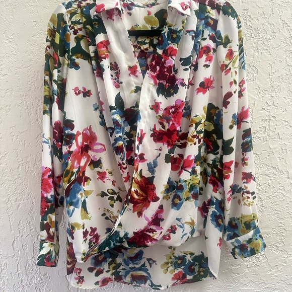 Floral Wrap Blouse - Red, Green, Blue - Picture 3 of 5